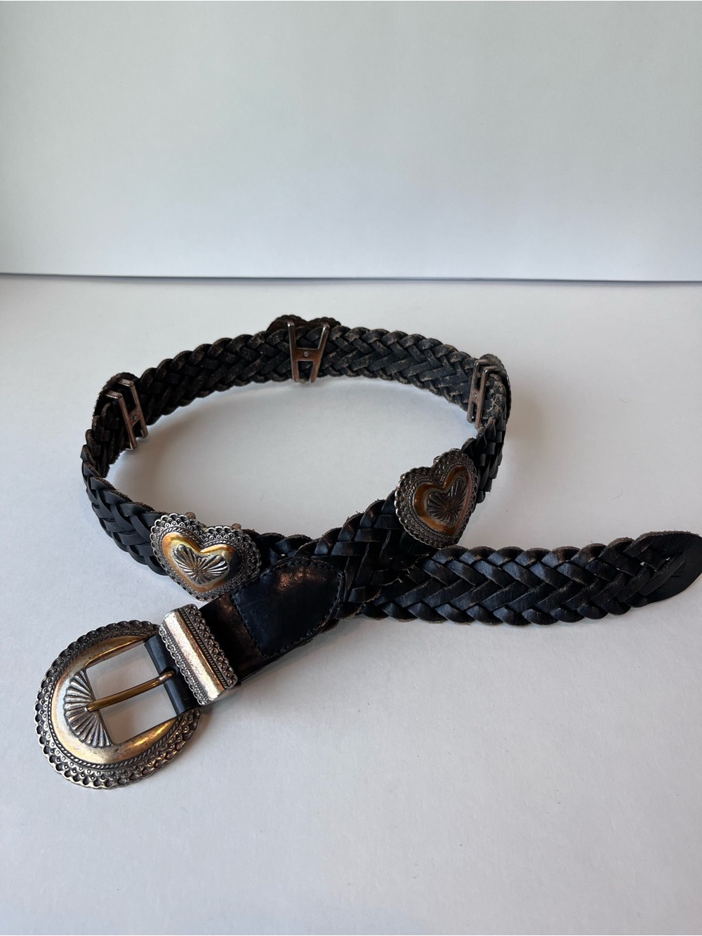 Vintage Brighton Black Braided Leather Silver Hearts Concho Belt